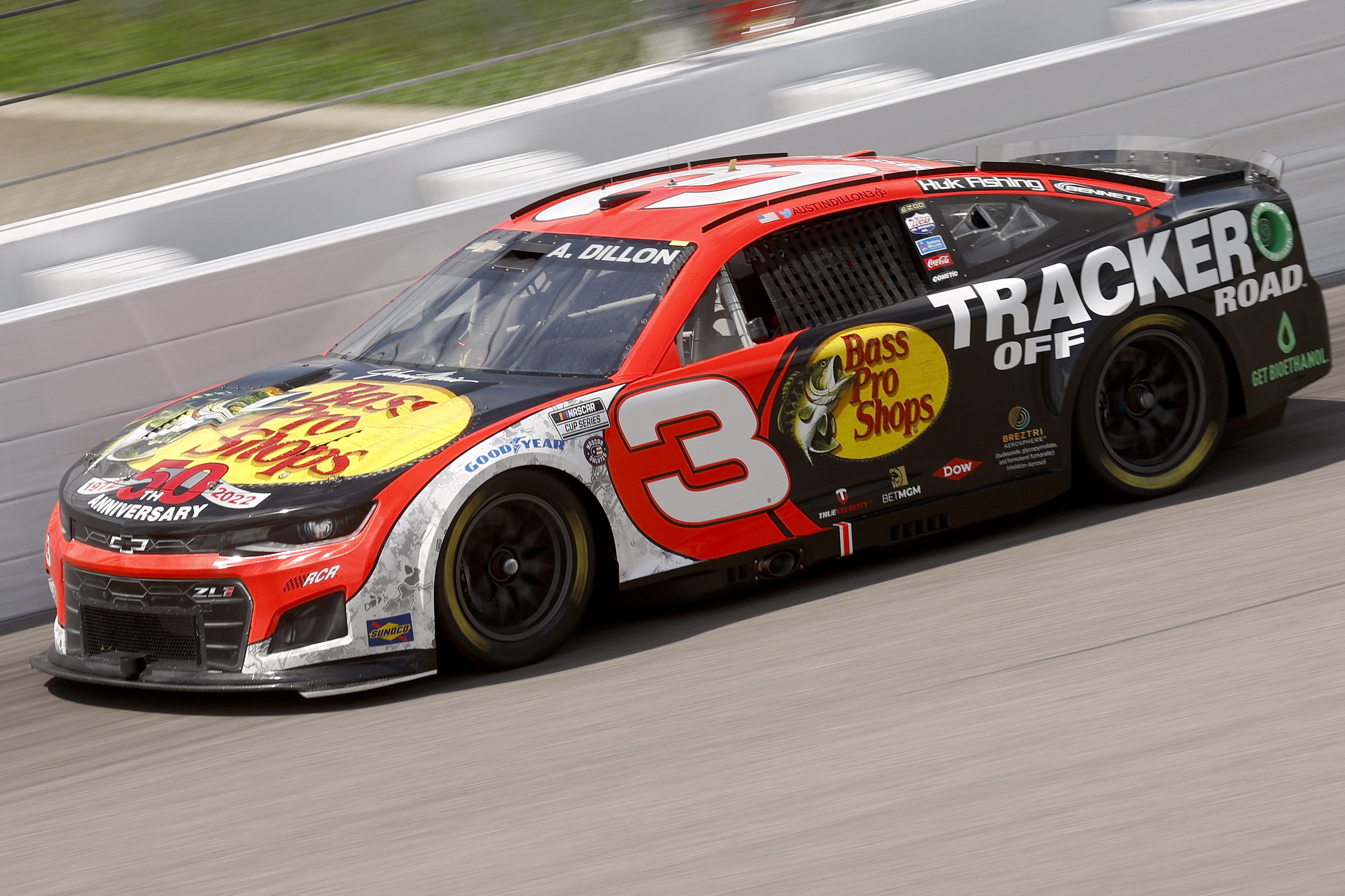 KANSAS CITY, KANSAS - MAY 15: Austin Dillon, driver of the #3 Bass Pro Shops/TRACKER Off Road Chevrolet, drives during the NASCAR Cup Series AdventHealth 400 at Kansas Speedway on May 15, 2022 in Kansas City, Kansas. (Photo by Chris Graythen/Getty Images) | Getty Images