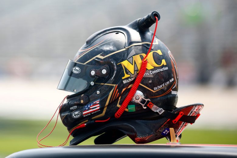 FORT WORTH, TEXAS - MAY 20: A detail view of the helmet worn b Zane Smith, driver of the #38 Speedy Cash Ford, during practice for the NASCAR Camping World Truck Series SpeedyCash.com 220 at Texas Motor Speedway on May 20, 2022 in Fort Worth, Texas. (Photo by Jared C. Tilton/Getty Images) | Getty Images