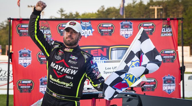 Doug Coby gallops to victory in the Inaugural Granite State Derby at Lee USA Speedway