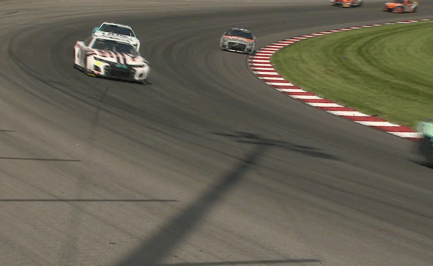 Ricky Stenhouse Jr., driving the SunnyD car, sends Bubba Wallace’s McDonald’s car for the ride. Snacks, anyone?