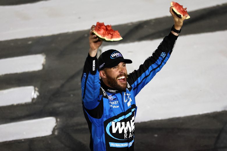 CONCORD, NORTH CAROLINA - MAY 27: Ross Chastain, driver of the #41 Worldwide Express Chevrolet, celebrates with a smashed watermelon after winning the NASCAR Camping World Truck Series North Carolina Education Lottery 200 at Charlotte Motor Speedway on May 27, 2022 in Concord, North Carolina. (Photo by James Gilbert/Getty Images) | Getty Images