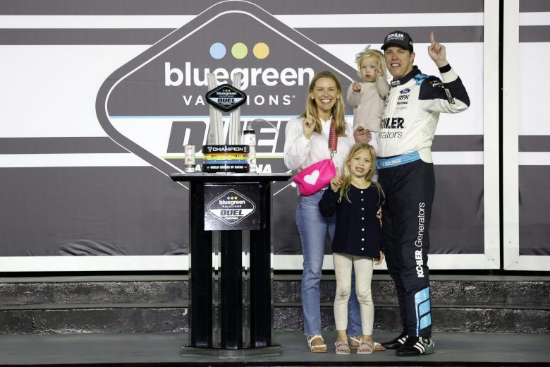 DAYTONA BEACH, FLORIDA - FEBRUARY 17: Brad Keselowski, driver of the #6 Kohler Generators Ford, celebrates with his wife Paige and daughters Autumn and Scarlett in the Ruoff Mortgage victory lane after winning the NASCAR Cup Series Bluegreen Vacations Duel #1 at Daytona at Daytona International Speedway on February 17, 2022 in Daytona Beach, Florida. (Photo by Chris Graythen/Getty Images) | Getty Images