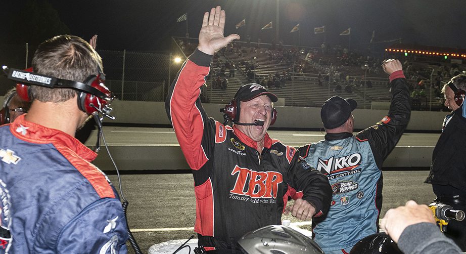 Tommy Baldwin Jr. celebrates his team's victory in the Jennerstown Salutes 150 for the NASCAR Whelen Modified Tour at Jennerstown Speedway in Jennerstown, Pennsylvania on May 28, 2022. (Nate Smallwood/NASCAR)