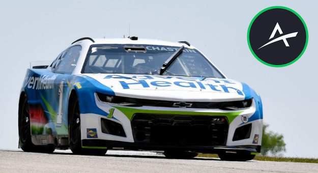 Ross Chastain No. 1 Chevrolet comes over a hill at Road America