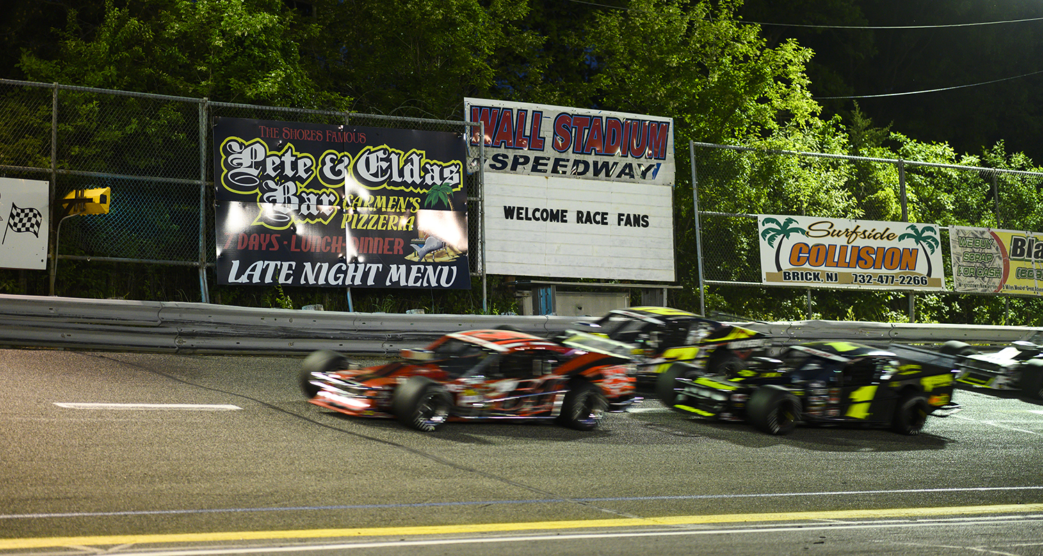 Tommy Catalano (54) leads a group of cars during the NASCAR Whelen Modified Tour Jersey Shore 150 on May 18, 2019 at Wall Stadium Speedway in Wall Township, New Jersey. (Photo: Mike Lawrence/NASCAR)