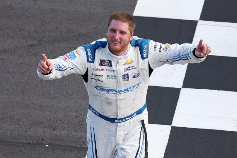 HAMPTON, GEORGIA - JULY 09: Austin Hill, driver of the #21 Bennett Transportation and Logistics Chevrolet, celebrates after winning the NASCAR Xfinity Series Alsco Uniforms 250 at Atlanta Motor Speedway on July 09, 2022 in Hampton, Georgia. (Photo by James Gilbert/Getty Images) | Getty Images
