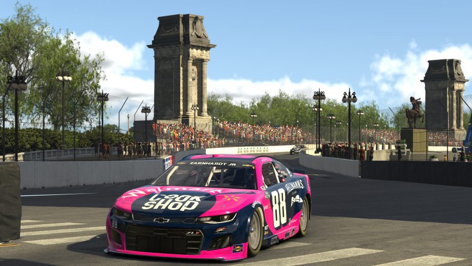 Dale Earnhardt Jr., driver of the #88 Chevrolet races during the eNASCAR iRacing Pro Invitational Series race at virtual Chicago Street Course on June 02, 2021 in Chicago, Illinois. (Photo by Chris Graythen/Getty Images) | Getty Images