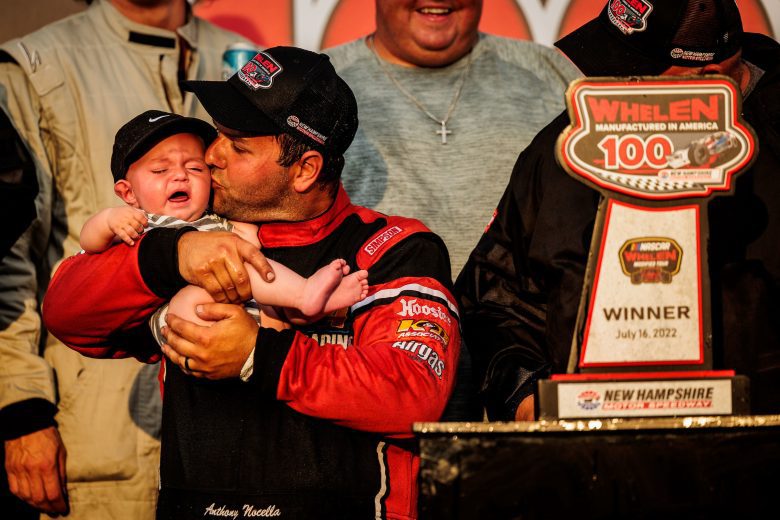 Anthony Nocella driver of the #92 Nocella Paving, K+D Associates, Airgas Chevrolet car reacts with his son after winning the Whelen 100 for the Whelen Modified Tour at New Hampshire Motor Speedway on July 16, 2022 in Loudon, New Hampshire. (Nick Grace/NASCAR)