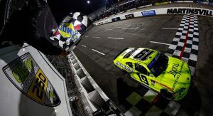 Brandon Jones' No. 19 Toyota takes the checkered flag at Martinsville Speedway