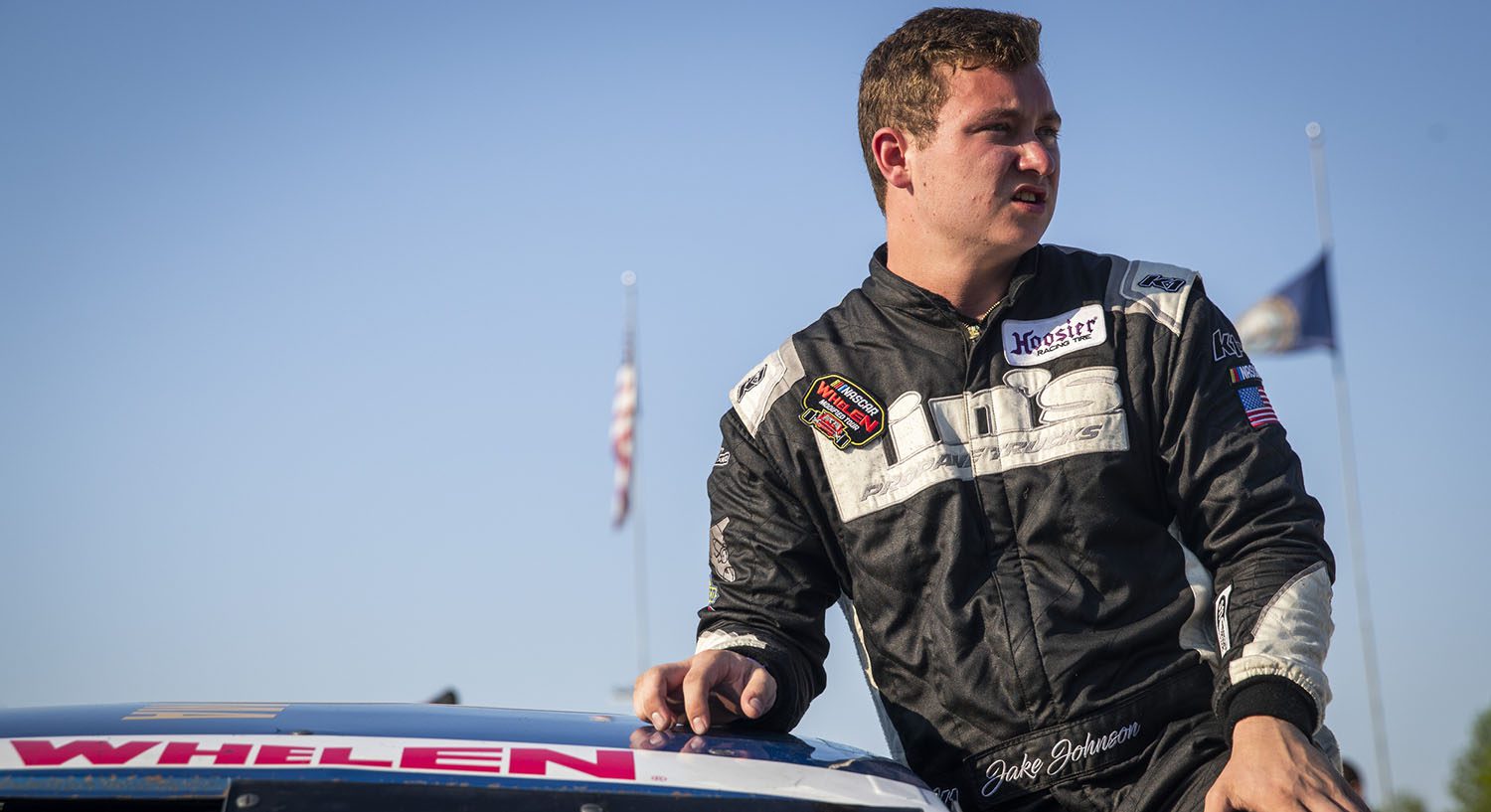 Jake Johnson, driver of the #3 Propane Plus – Lin’s Propane Trucks, enters his car during the Inaugural Granite State Derby presented by USA Insulation for the NASCAR Whelen Modified Tour at Lee USA Speedway in Lee, New Hampshire on May 21, 2022. (Adam Glanzman/NASCAR)