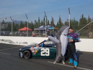 Dustin Hayden with his race team's shark mascot at Alaska Raceway Park. (Photo: Courtesy of Dustin Hayden)