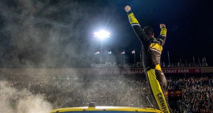 Grant Enfinger celebrates with the crowd after his victory.