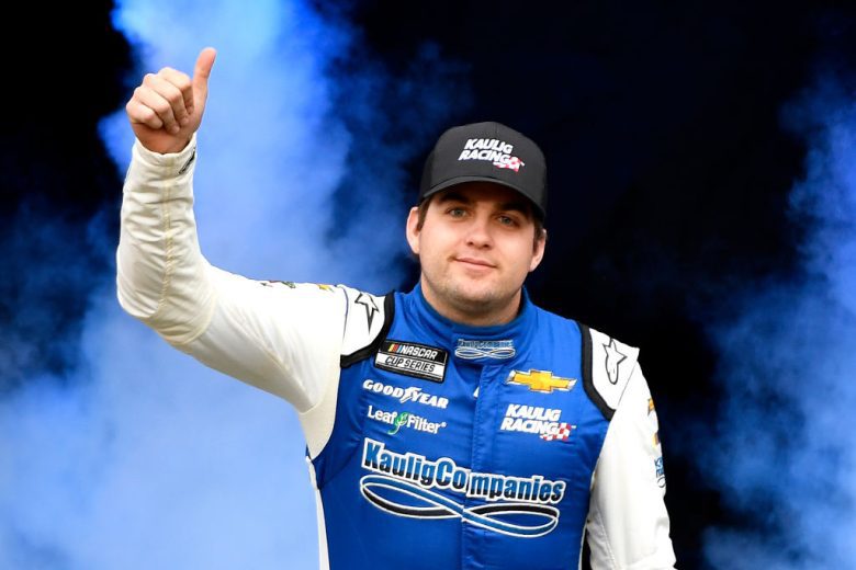 BRISTOL, TENNESSEE - APRIL 17:  Noah Gragson, driver of the #16 Chevy Truck Month Chevrolet, gives a thumbs up to fans during driver intros prior to the NASCAR Cup Series Food City Dirt Race at Bristol Motor Speedway on April 17, 2022 in Bristol, Tennessee. (Photo by Logan Riely/Getty Images) | Getty Images