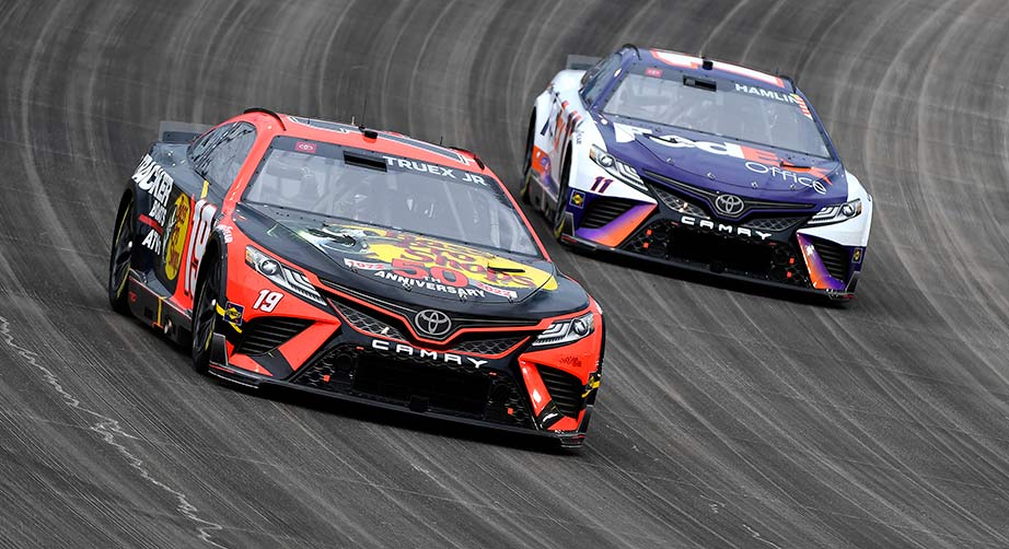Martin Truex Jr. leads JGR teammate Denny Hamlin at Nashville Superspeedway