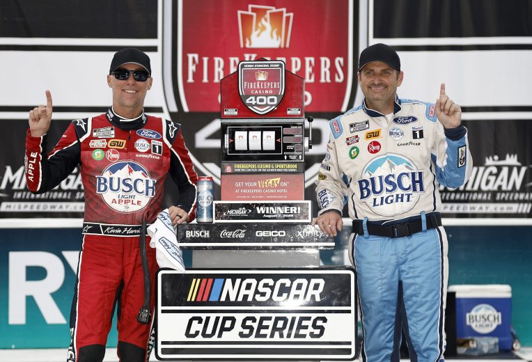 Rodney Childers and Kevin Harvick celebrate in Victory Lane