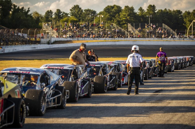 Cars line up for qualifying during the Phoenix Communications 150 for the Whelen Modified Tour at Thompson Speedway Motorsports Park on August 18, 2022 in Claremont, New Hampshire. (Adam Glanzman/NASCAR)