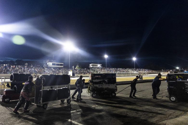 Crew members better the infield before the Phoenix Communications 150 for the Whelen Modified Tour at Thompson Speedway Motorsports Park on August 18, 2022 in Claremont, New Hampshire. (Adam Glanzman/NASCAR)