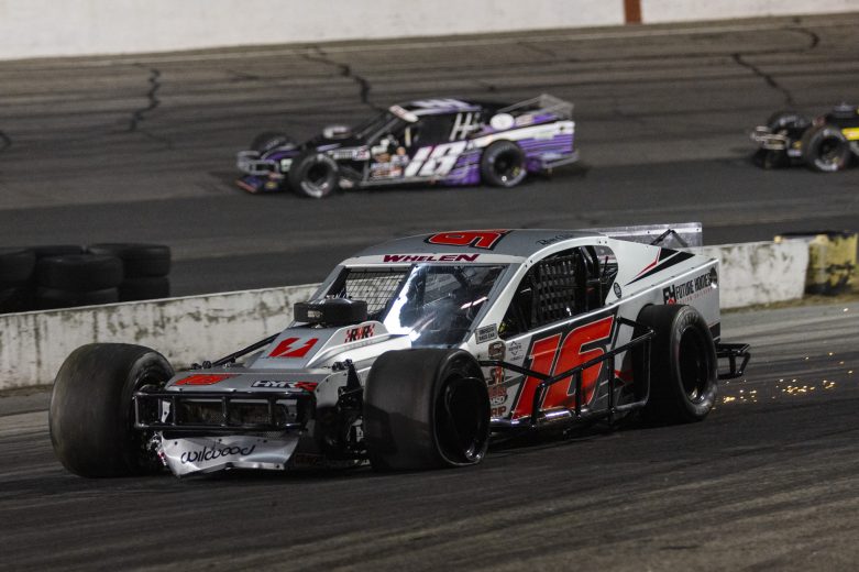 Ron Silk, driver of the #16 Blue Mountain Machine and Future Homes, pits during the Phoenix Communications 150 for the Whelen Modified Tour at Thompson Speedway Motorsports Park on August 18, 2022 in Claremont, New Hampshire. (Adam Glanzman/NASCAR)