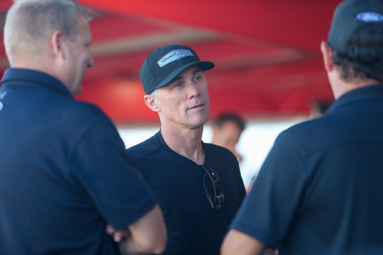 Kevin Harvick talks with his crew during Day 1 of the Martinsville Speedway organizational test