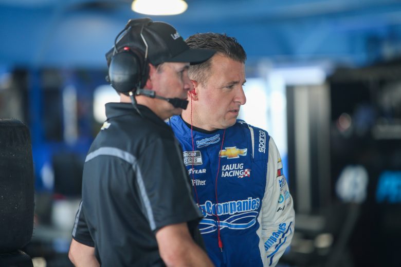 AJ Allmendinger talks it over with crew during Day 1 of the Martinsville Speedway organizational test