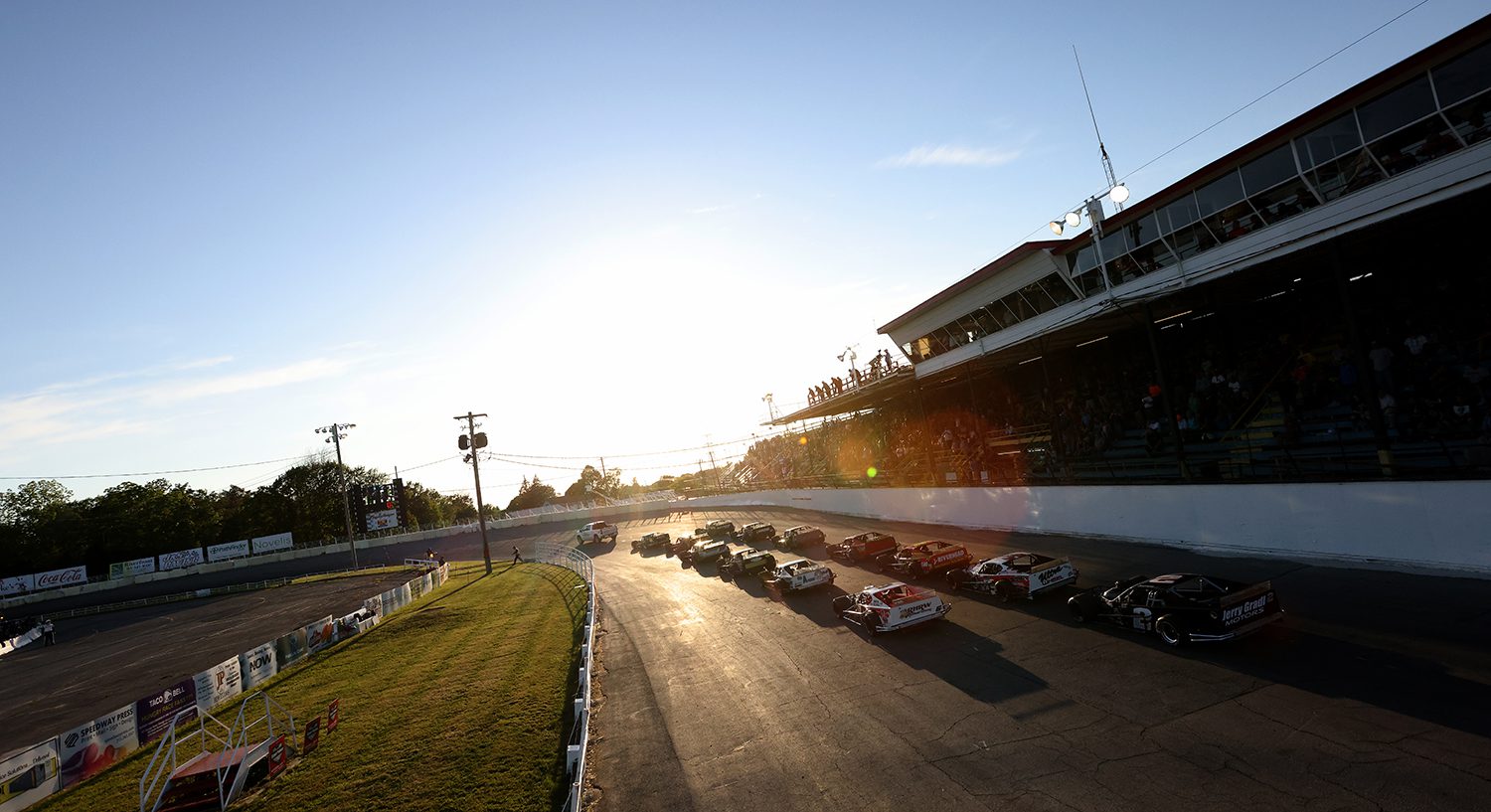 Driver line up prior to the Steel Palace 150 for the NASCAR Whelen Modified Tour at Oswego Speedway in Oswego, New York on June 12, 2021. (Bryan Bennett/ARCA Racing)