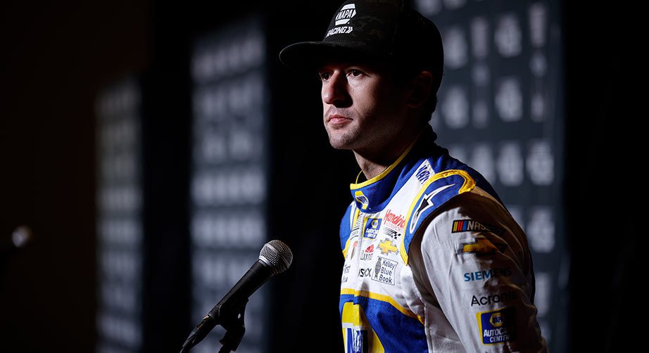 Chase Elliott talks to reporters at NASCAR Cup Series Playoffs Media Day in Charlotte