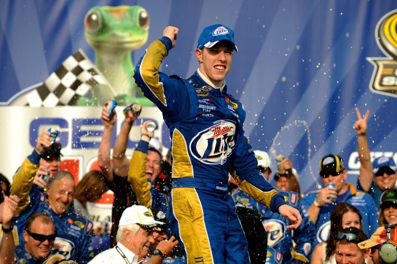 JOLIET, IL - SEPTEMBER 16: Brad Keselowski, driver of the #2 Miller Lite Dodge, celebrates with his crew in victory lane after he won the NASCAR Sprint Cup Series GEICO 400 at Chicagoland Speedway on September 16, 2012 in Joliet, Illinois. (Photo by Jared C. Tilton/Getty Images) | Getty Images