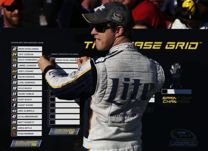 JOLIET, IL - SEPTEMBER 14: Brad Keselowski, driver of the #2 Miller Lite Ford, places his name in the top twelve on The Chase Grid after winning the NASCAR Sprint Cup Series MyAFibStory.com 400 at Chicagoland Speedway on September 14, 2014 in Joliet, Illinois. (Photo by Sean Gardner/Getty Images) | Getty Images
