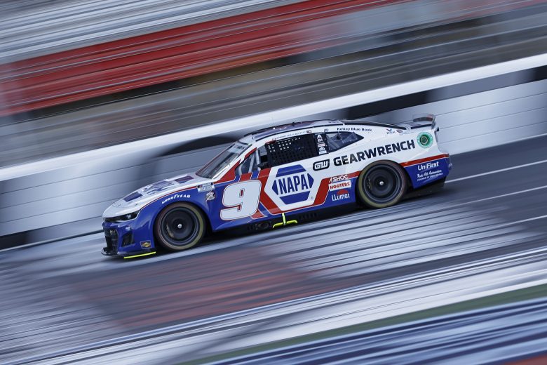 Chase Elliott, driver of the No. 9 Chevrolet, drives during practice for the NASCAR Cup Series' Coca-Cola 600 at Charlotte Motor Speedway