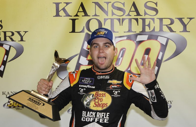 Noah Gragson celebrates Kansas win with trophy