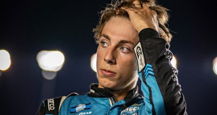 Carson Hocevar reacts post-race after he was eliminated from the playoffs at Kansas Speedway