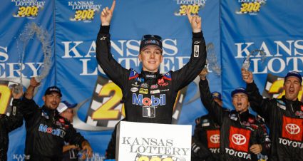 John Hunter Nemechek celebrates a Truck Series win at Kansas