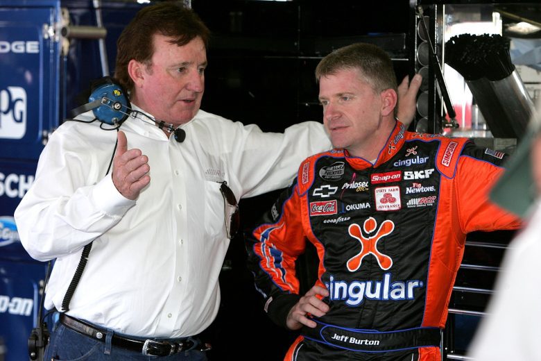 TALLADEGA, AL - April 28: Team owner Richard Childress (L) talks with Jeff Burton (R), driver of the #31 Cingular Wireless Chevrolet, during the NASCAR Nextel Cup Series Aaron's 499 practice at the Talladega Superspeedway on April 28, 2006 in Talladega, Alabama. (Photo by Andy Lyons/Getty Images) | Getty Images