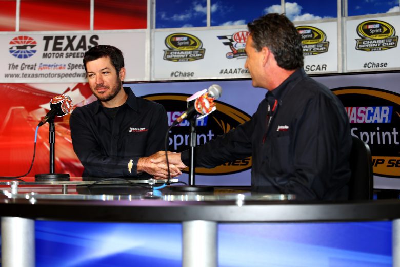 FORT WORTH, TX - NOVEMBER 01: (L-R) Driver Martin Truex is presented as the next driver of the #78 Furniture Row / Denver Mattress Chevrolet by Joe Garone, general manager of Furniture Row Racing, at Texas Motor Speedway on November 1, 2013 in Fort Worth, Texas. (Photo by Todd Warshaw/NASCAR via Getty Images)