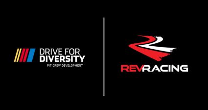 A graphic featuring the Drive for Diversity and Rev Racing logos