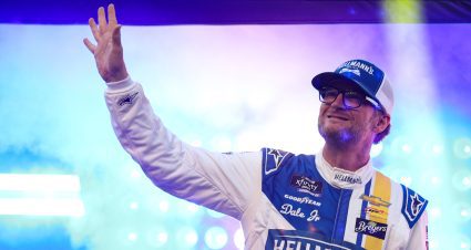 Dale Earnhardt Jr. waves to fans during NASCAR Xfinity Series driver intros at Bristol.