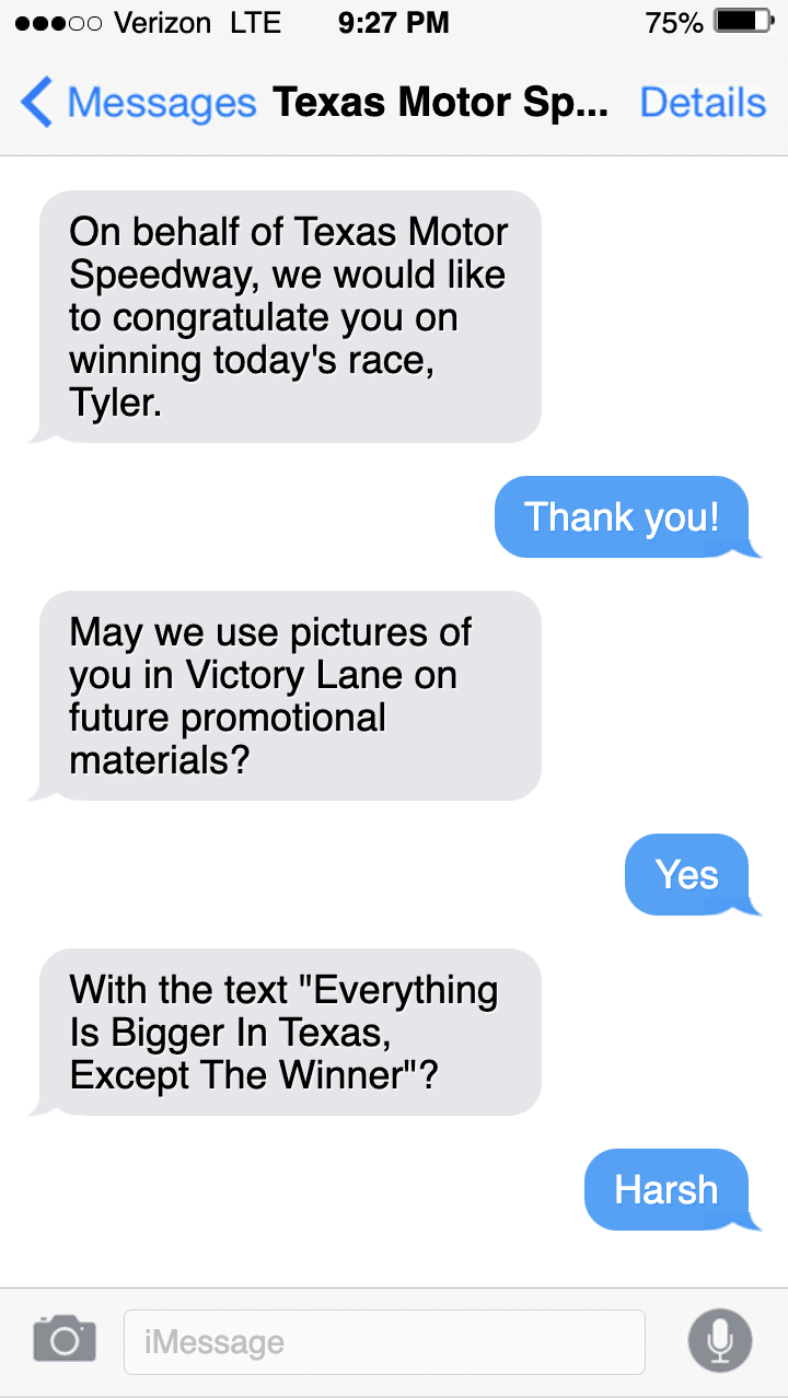 nascarcasm Fake texts to Texas winner Tyler Reddick NASCAR