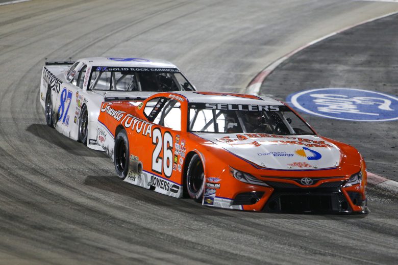 Peyton Sellers (26) leads Mike Looney (87) during the ValleyStar Credit Union 300 at Martinsville Speedway on September 24, 2022. (Adam Fenwick/NASCAR)