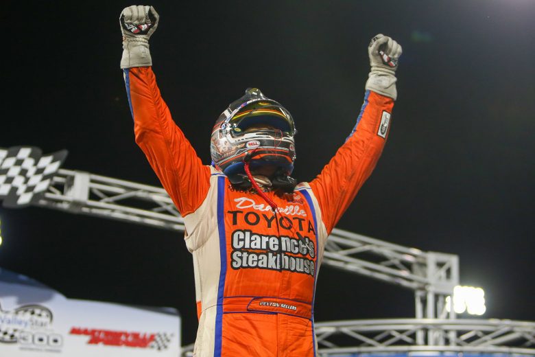 Peyton Sellers celebrates after winning the ValleyStar Credit Union 300 at Martinsville Speedway on September 24, 2022. (Adam Fenwick/NASCAR)