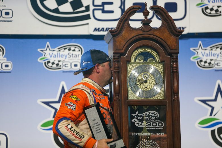 Peyton Sellers celebrates after winning the ValleyStar Credit Union 300 at Martinsville Speedway on September 24, 2022. (Adam Fenwick/NASCAR)