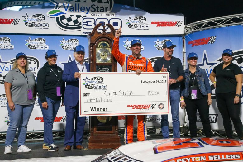 Peyton Sellers (center) in Victory Lane after winning the ValleyStar Credit Union 300 at Martinsville Speedway on September 24, 2022. (Adam Fenwick/NASCAR)