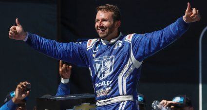 Matt DiBenedetto celebrates in Victory Lane