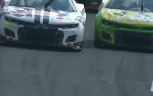 Noah Gragson and Corey LaJoie fight for real estate, leaving them both missing the chicane. That’s a stop-and-go. (Or, just imagine the paint is really sticky.)