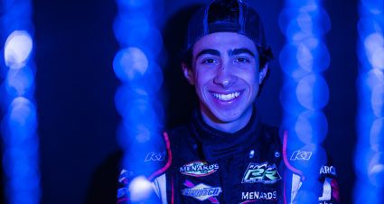 Max Gutierrez, driver of the #30 Tough Built, poses for a photo before the Race to Stop Suicide 200 presented by Place of Hope for the ARCA Menards Series East during of the World Series of Asphalt Stock Car Racing event at New Smyrna Speedway in New Smyrna, Florida on February 15, 2022. (Adam Glanzman/NASCAR)