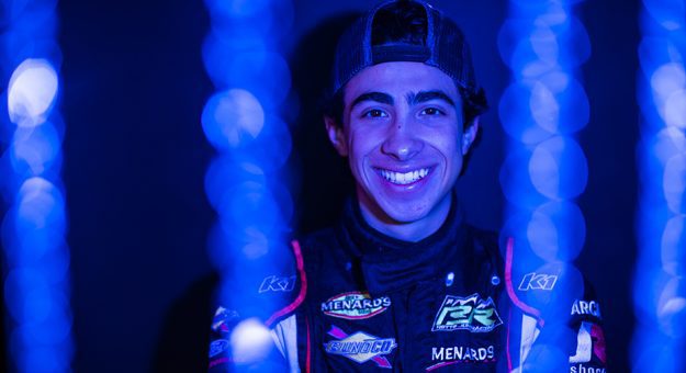 Max Gutierrez, driver of the #30 Tough Built, poses for a photo before the Race to Stop Suicide 200 presented by Place of Hope for the ARCA Menards Series East during of the World Series of Asphalt Stock Car Racing event at New Smyrna Speedway in New Smyrna, Florida on February 15, 2022. (Adam Glanzman/NASCAR)