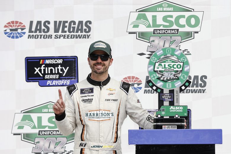 LAS VEGAS, NEVADA - OCTOBER 15: Josh Berry, driver of the #8 Harrison's USA Chevrolet, celebrates in victory lane after winning the NASCAR Xfinity Series Alsco Uniforms 302 at Las Vegas Motor Speedway on October 15, 2022 in Las Vegas, Nevada. (Photo by Sean Gardner/Getty Images) | Getty Images
