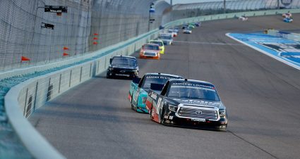 Trucks race into Turn 1 at Homestead-Miami Speedway