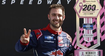 Ty Majeski poses with the trophy after winning at Homestead.