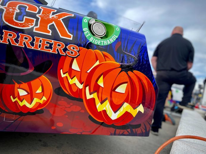 A look at the jack-o-lanterns on the side of Brandon Brown's car