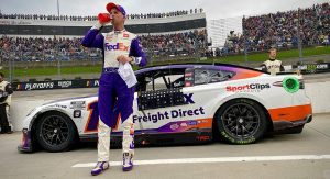 Denny Hamlin exits his No. 11 Toyota after elimination at Martinsville Speedway